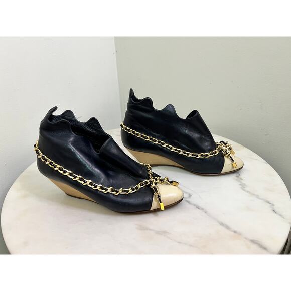 VINTAGE FALL 2008 BERNHARD WILLHELM GOLD CHAIN BLUE/BEIGE WEDGE BOOTIES SZ 7 - Picture 2 of 10
